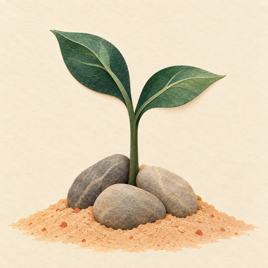 A young sprout rises, propped up by a mound of stones