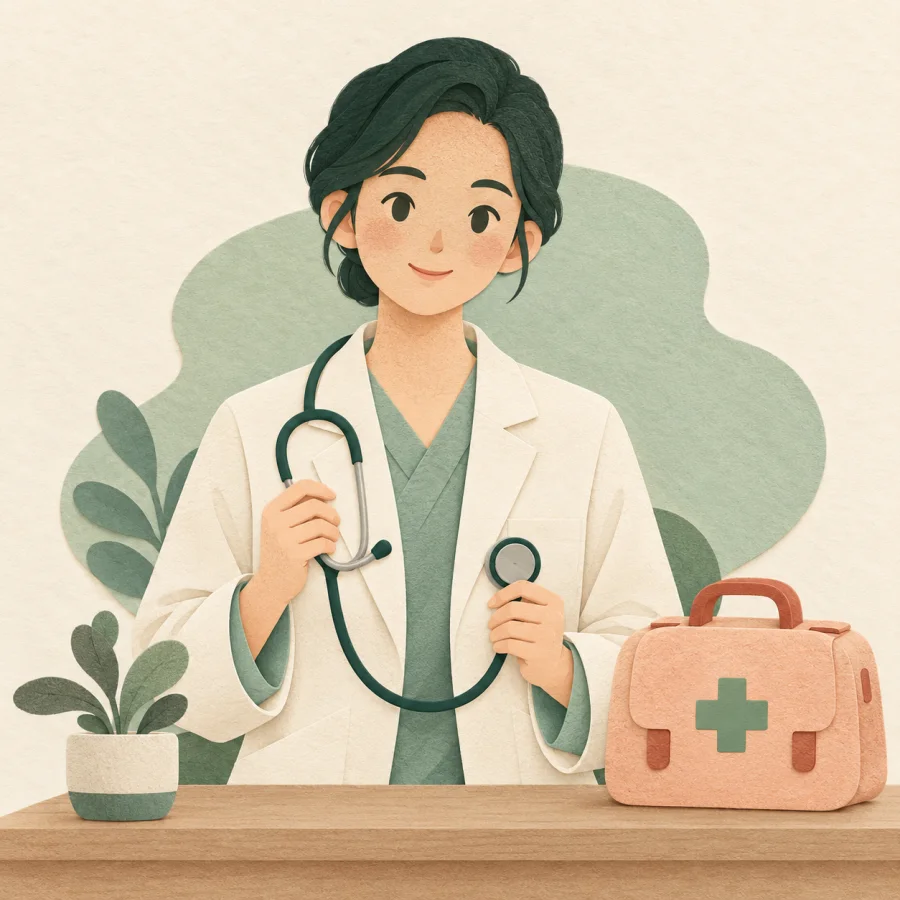 A doctor in a cream coat holding a stethoscope