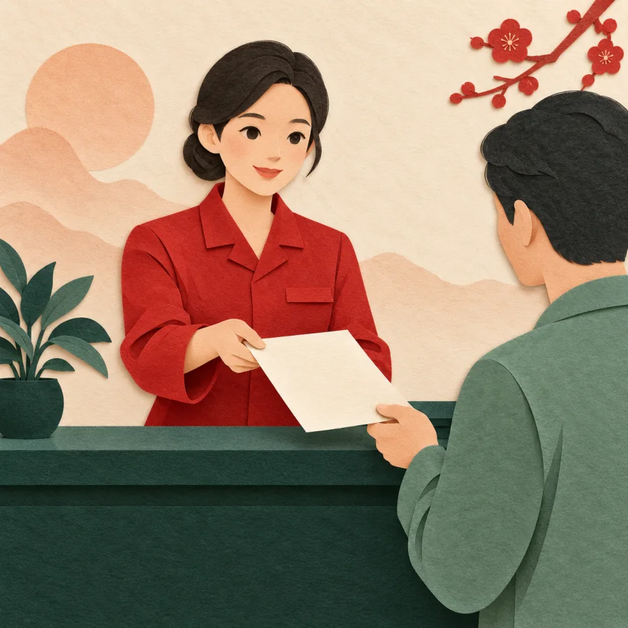 A worker at a service counter handing a form to a visitor
