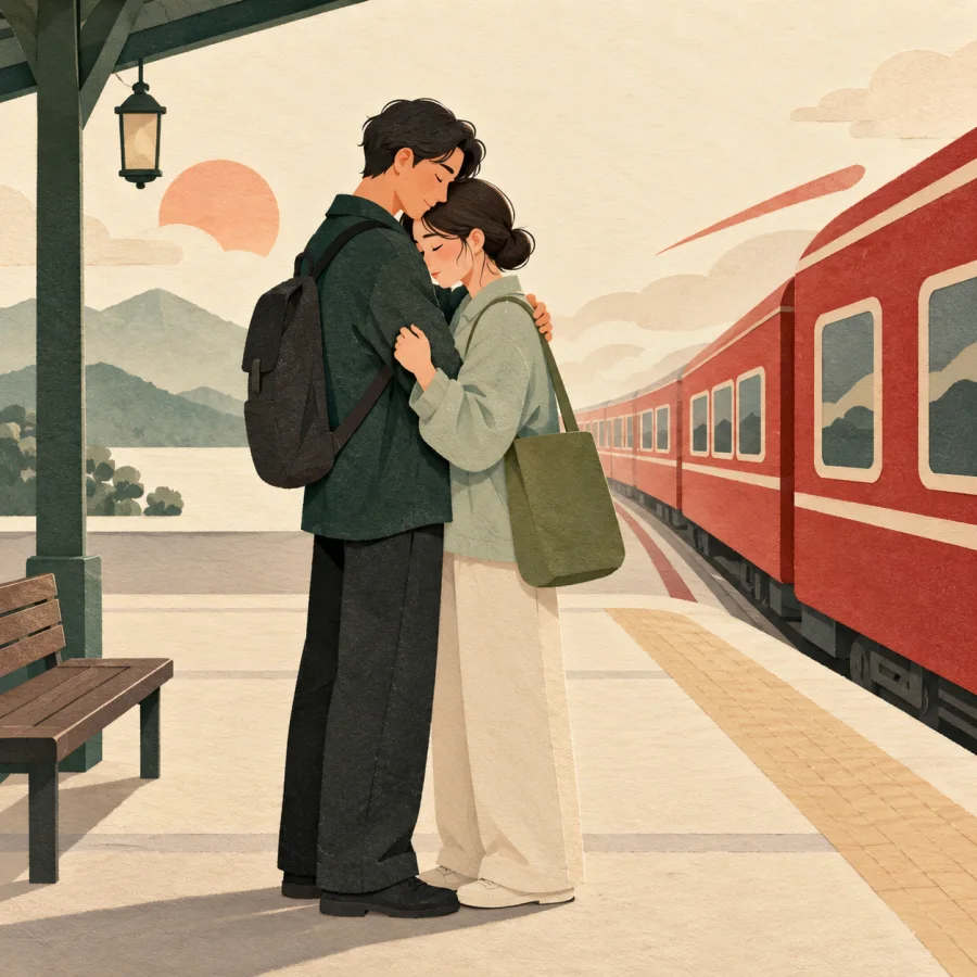 Two friends embrace in farewell on a train platform, one waving a red scarf