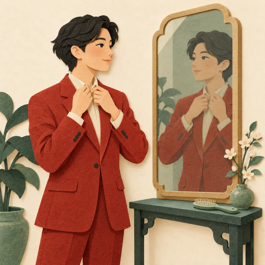 A person in a neat suit straightens their collar before a mirror