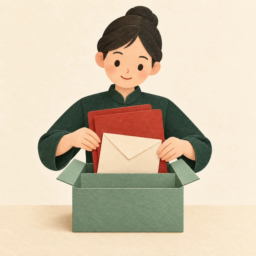 A clerk places two red folders and a cream envelope into one box