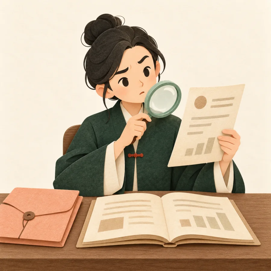 A person with a magnifying glass compares a report with a notebook