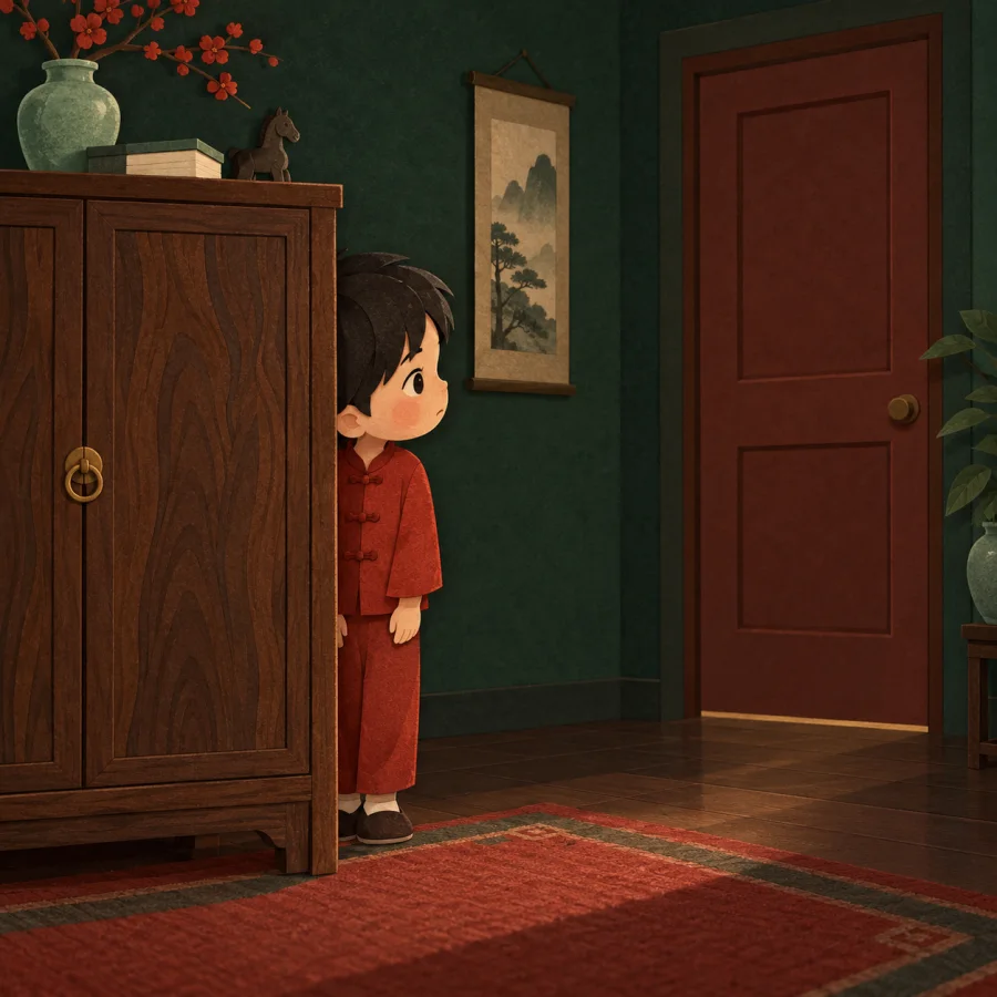 A child stands motionless behind a cabinet, listening toward a door