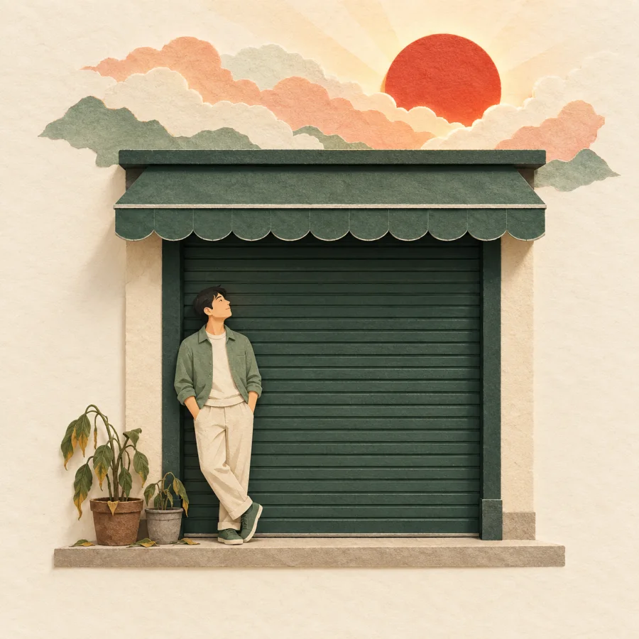 A man stands by a closed shop as sunlight breaks through clouds