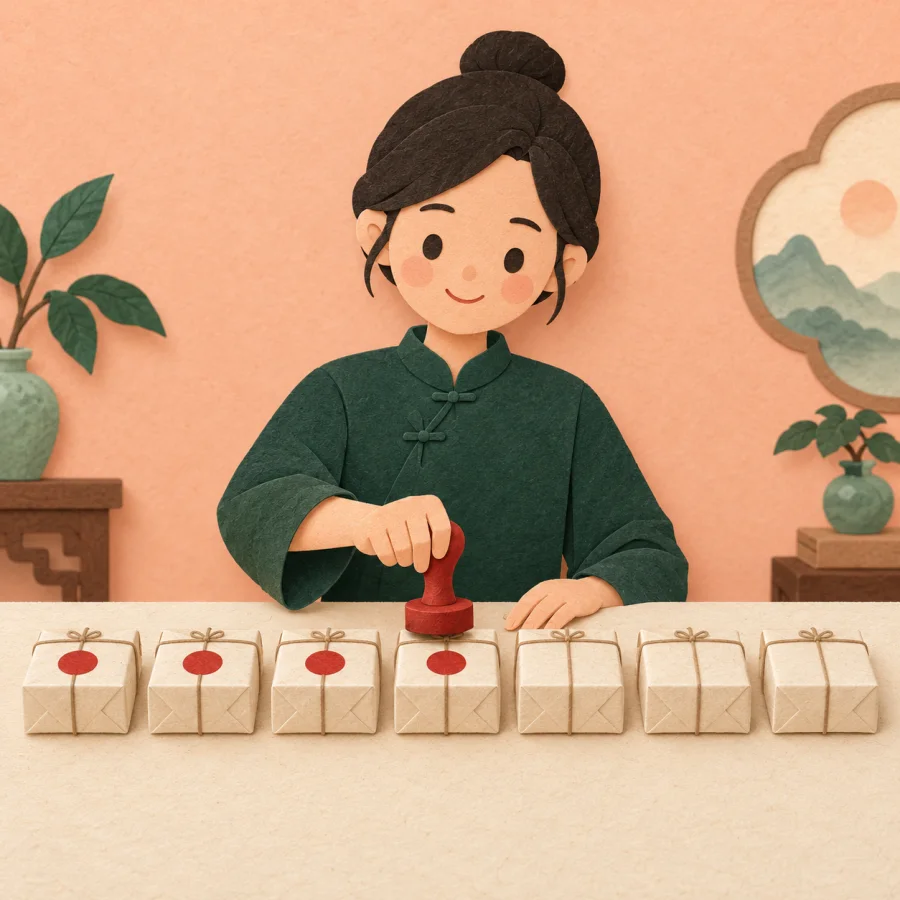 A person stamps a row of identical boxes on a desk