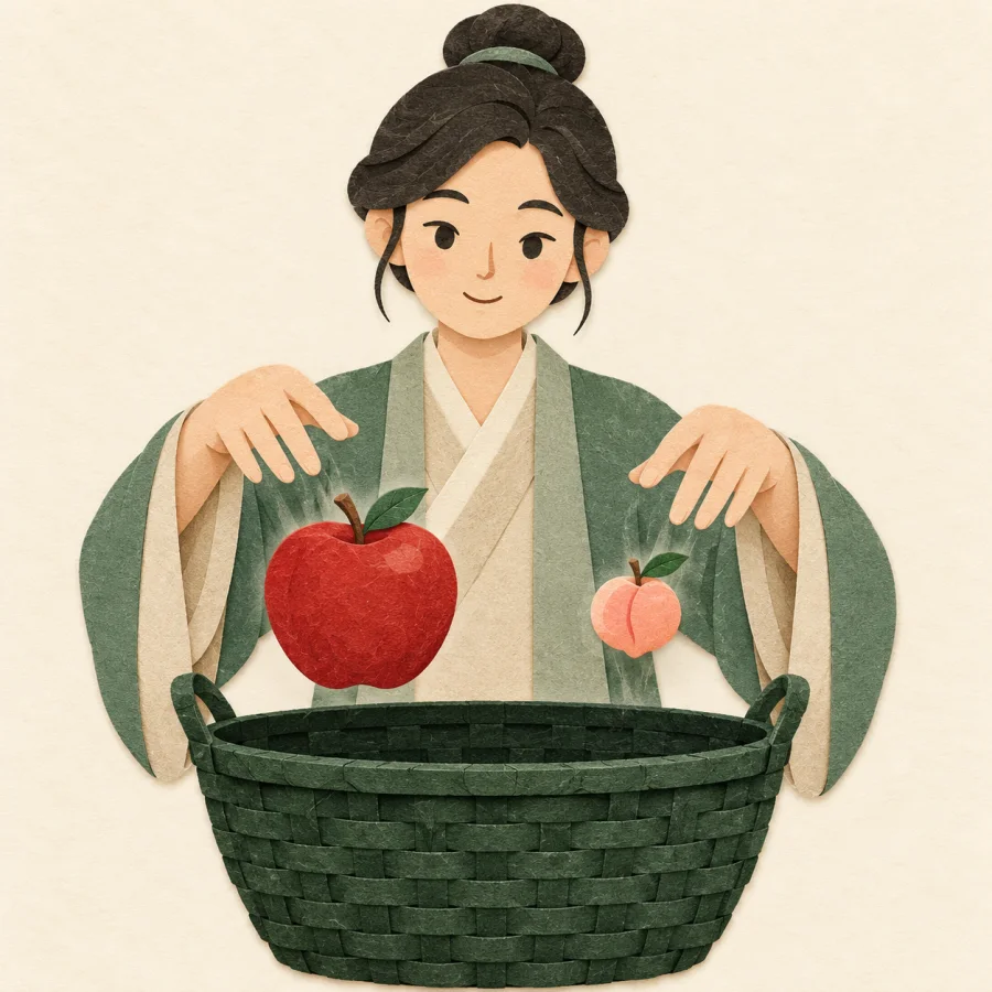 A person puts a big apple and a small peach in one basket