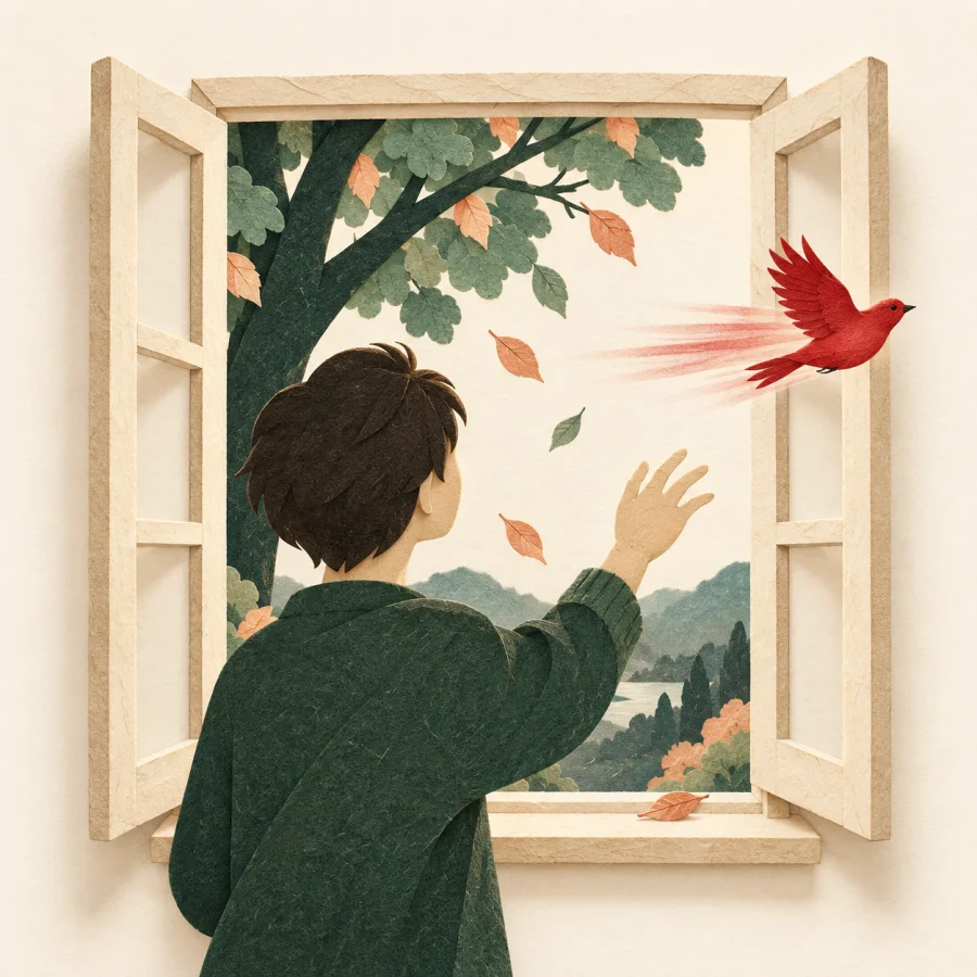 A person at a window watches a bird flash past
