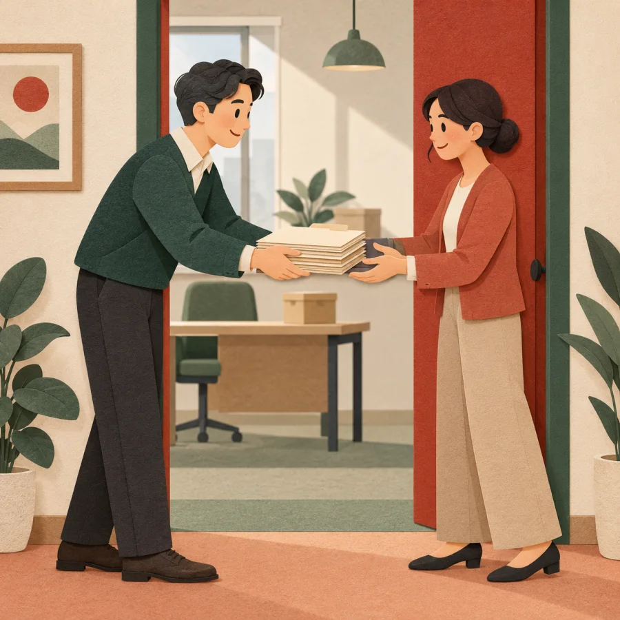 Two people pass folders to each other at an office doorway
