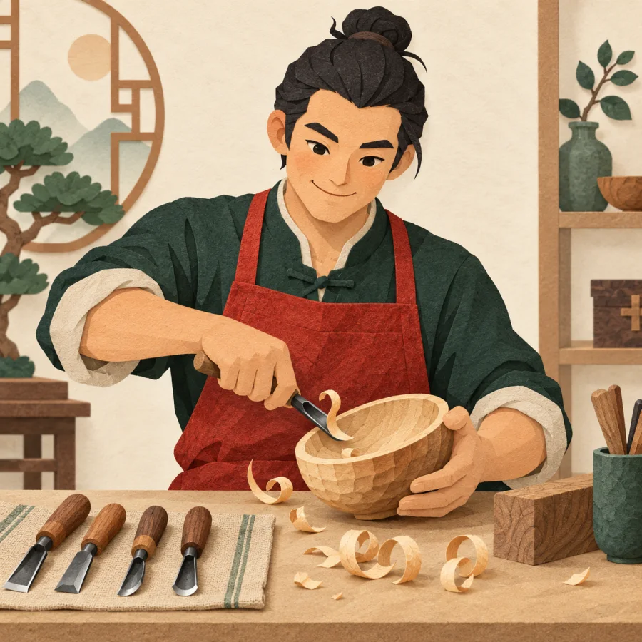 A person carves a wooden bowl skillfully at a workbench with tools.