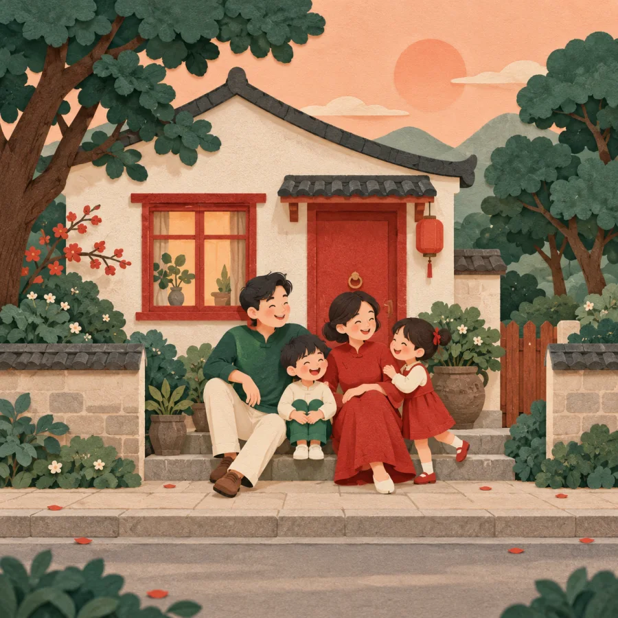 A family relaxes outside a small house surrounded by green trees.