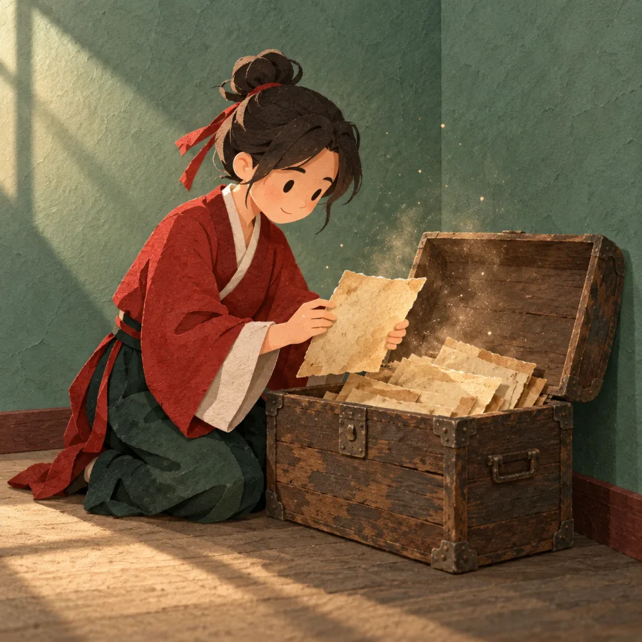 A person finds an old chest with faded papers left behind.