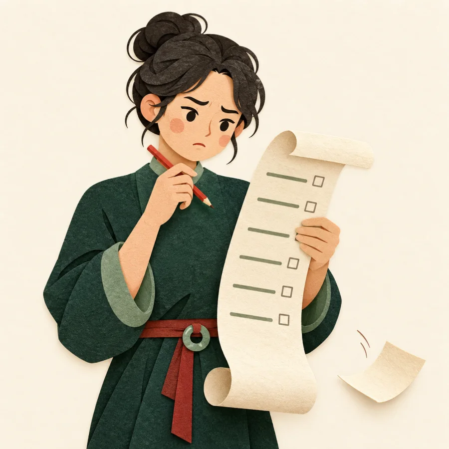 A person checks a long list, one slip of paper falling out.