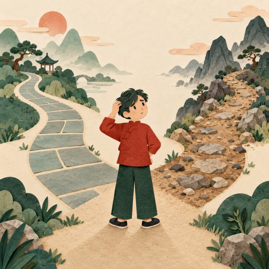 A hesitant person stands between two paths, scratching their head.