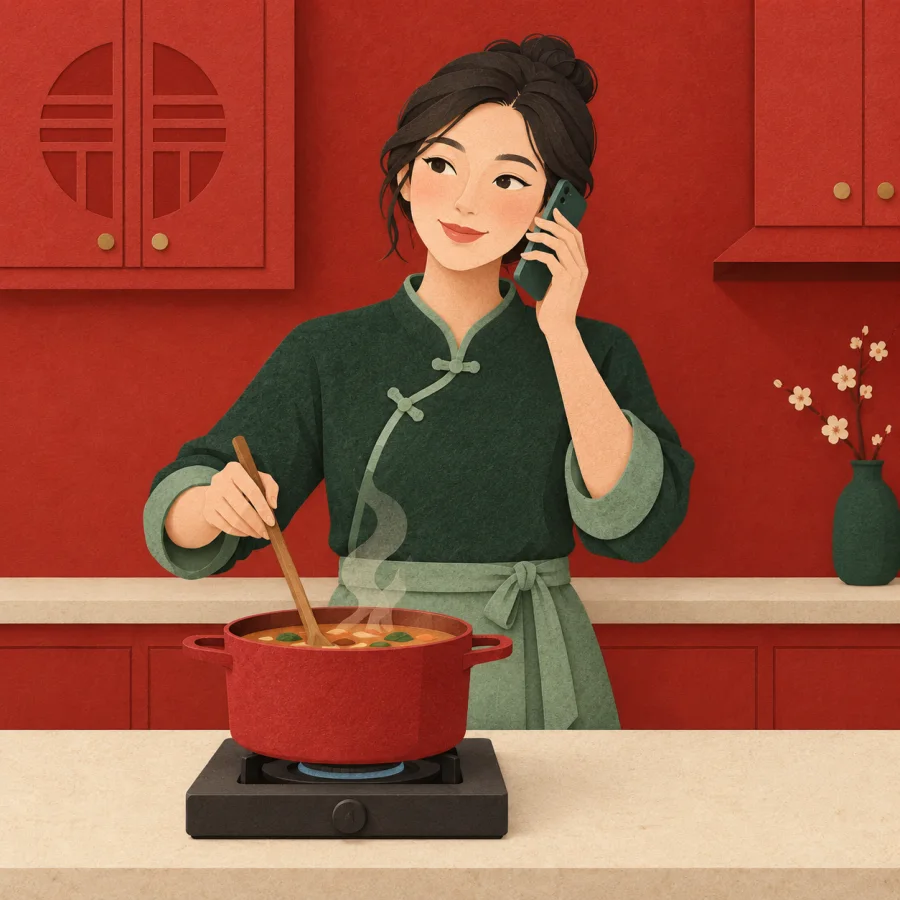 A person cooks while talking on the phone at the same time