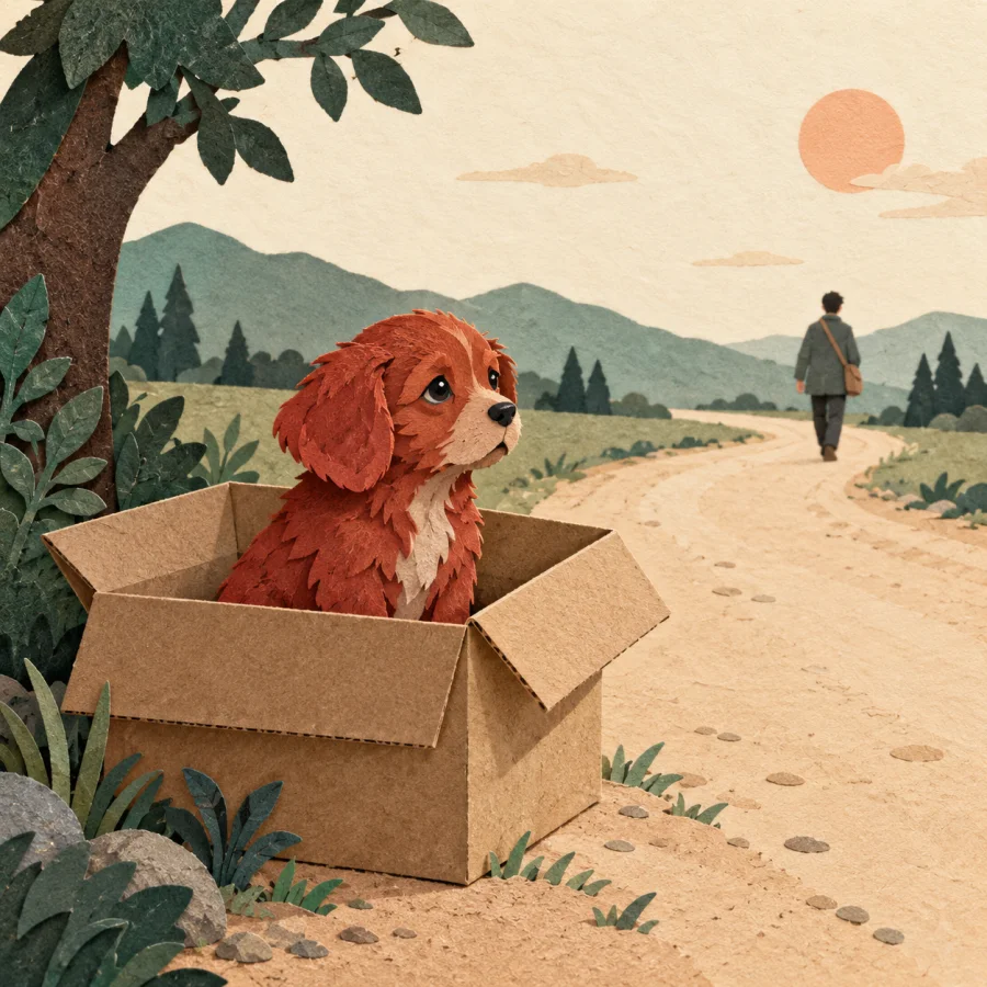 A person walks away leaving a puppy in a box by the road