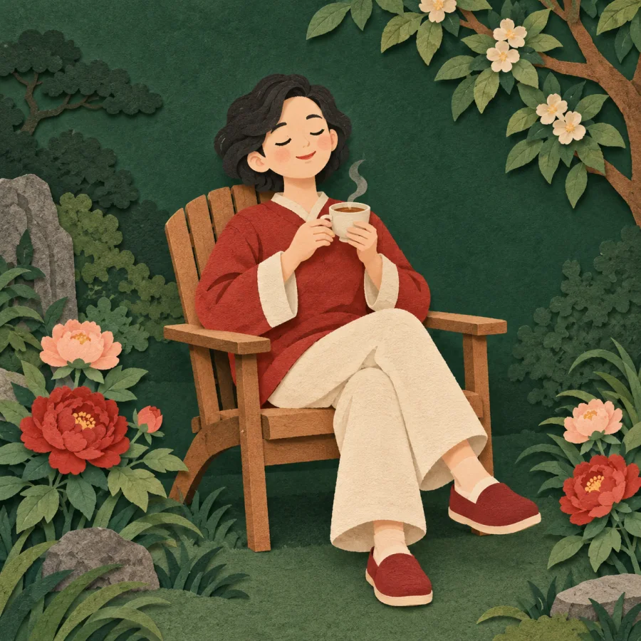 A content person sips tea among flowers in a garden