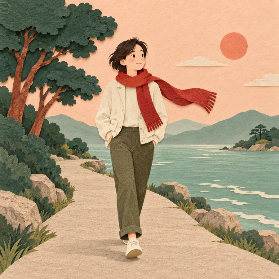 People stroll along a pleasant shore path under a soft sky