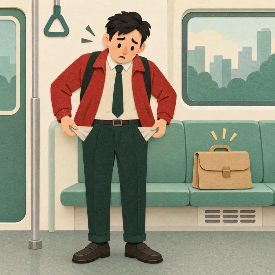 A worried subway commuter searches his pockets near a forgotten briefcase