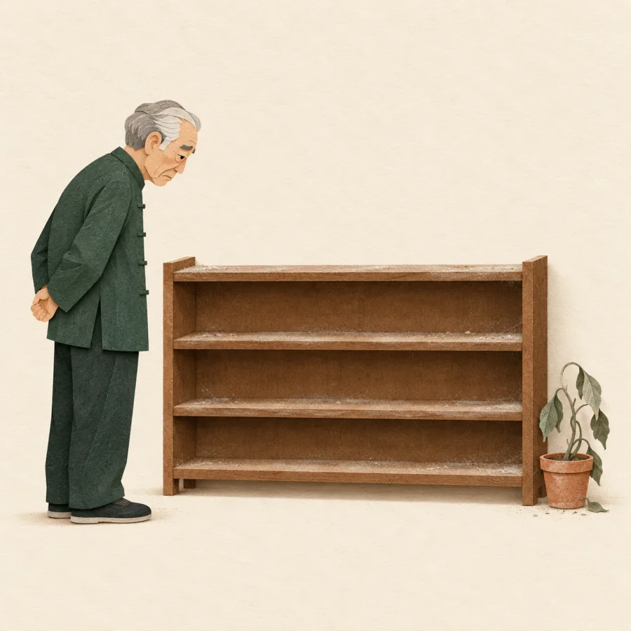 An old man stares at a dusty empty shelf