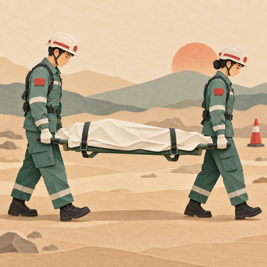Two rescue workers carry a cloth-draped stretcher