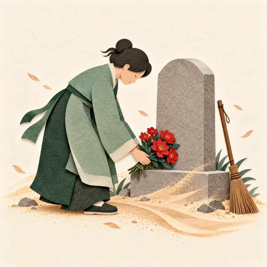 A person lays red flowers before a stone monument