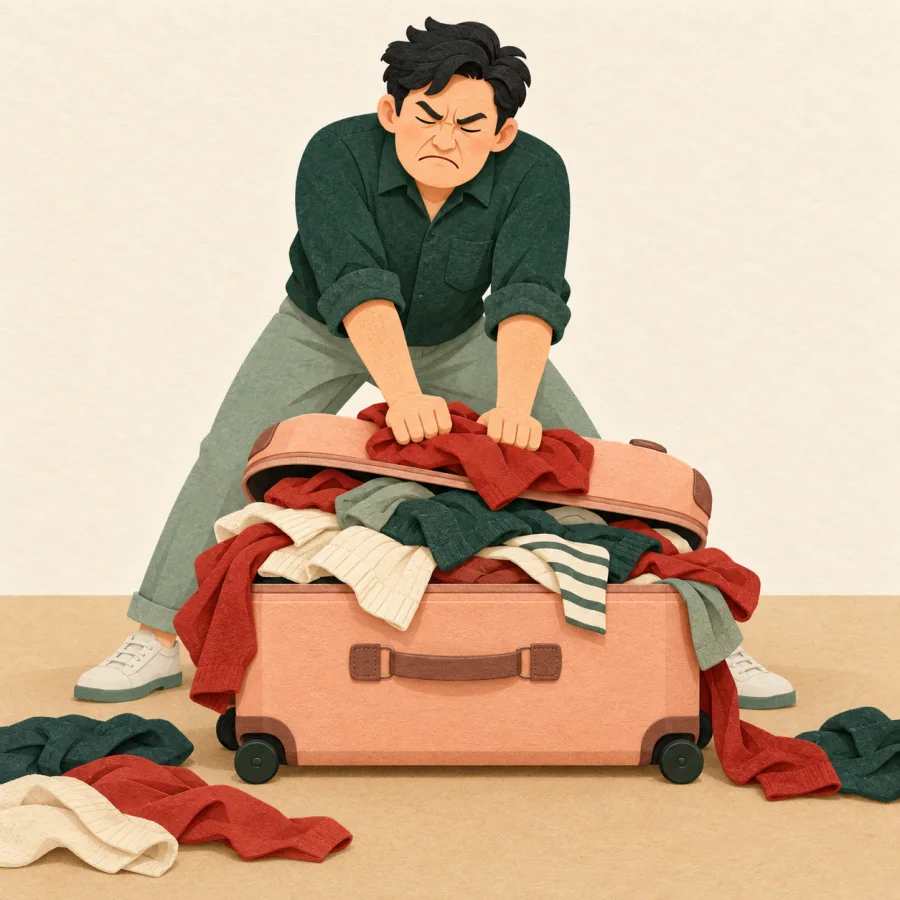 A man forcesitems into a bulging suitcase