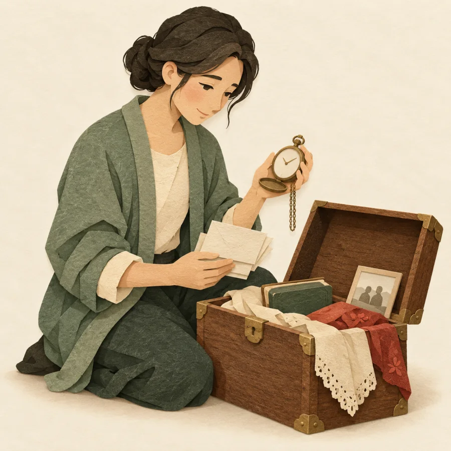 A person sorting old keepsakes beside an open wooden chest