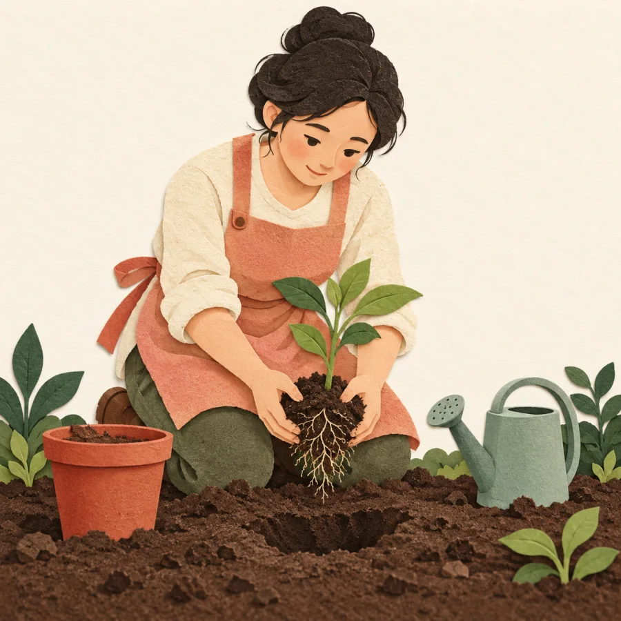 A gardener transplanting a seedling from a pot into the ground