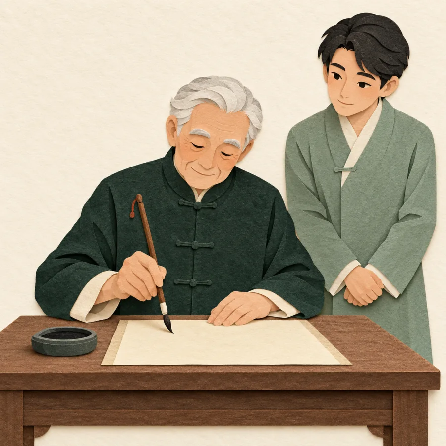 An elderly man signing a document while a relative waits