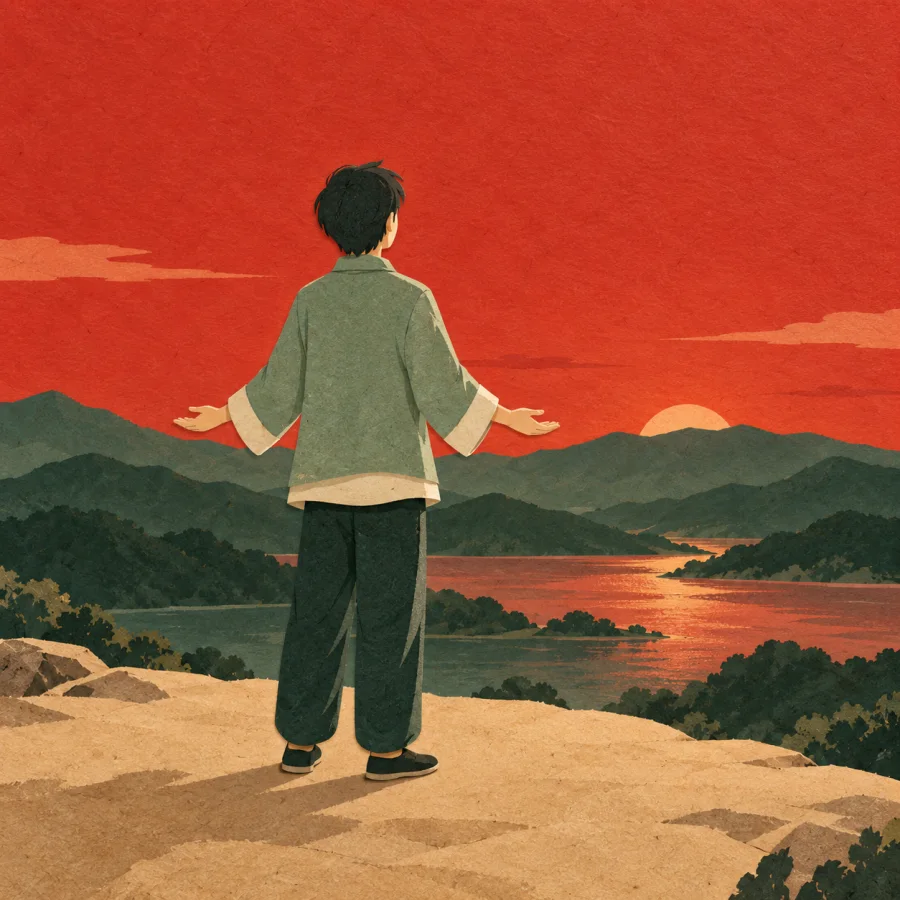 A person watching the sun set behind the mountains