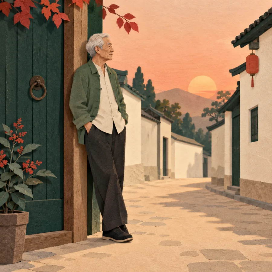 An old man leaning against a doorframe on a quiet street
