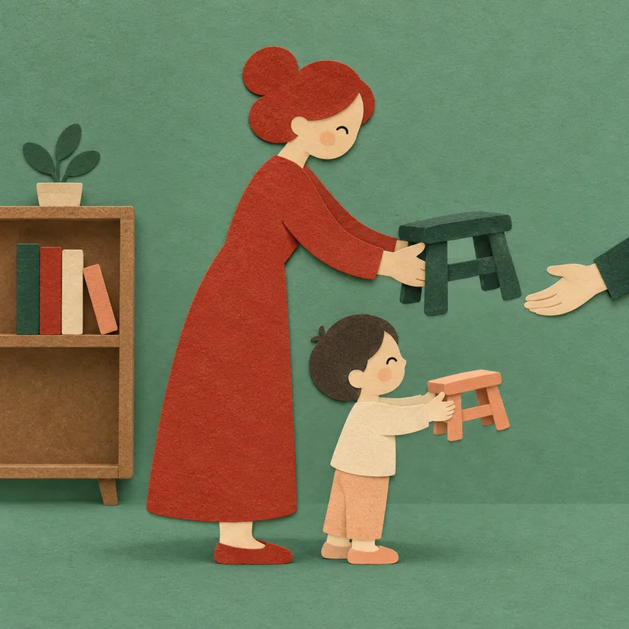 A parent tidies up while a small child imitates their every action