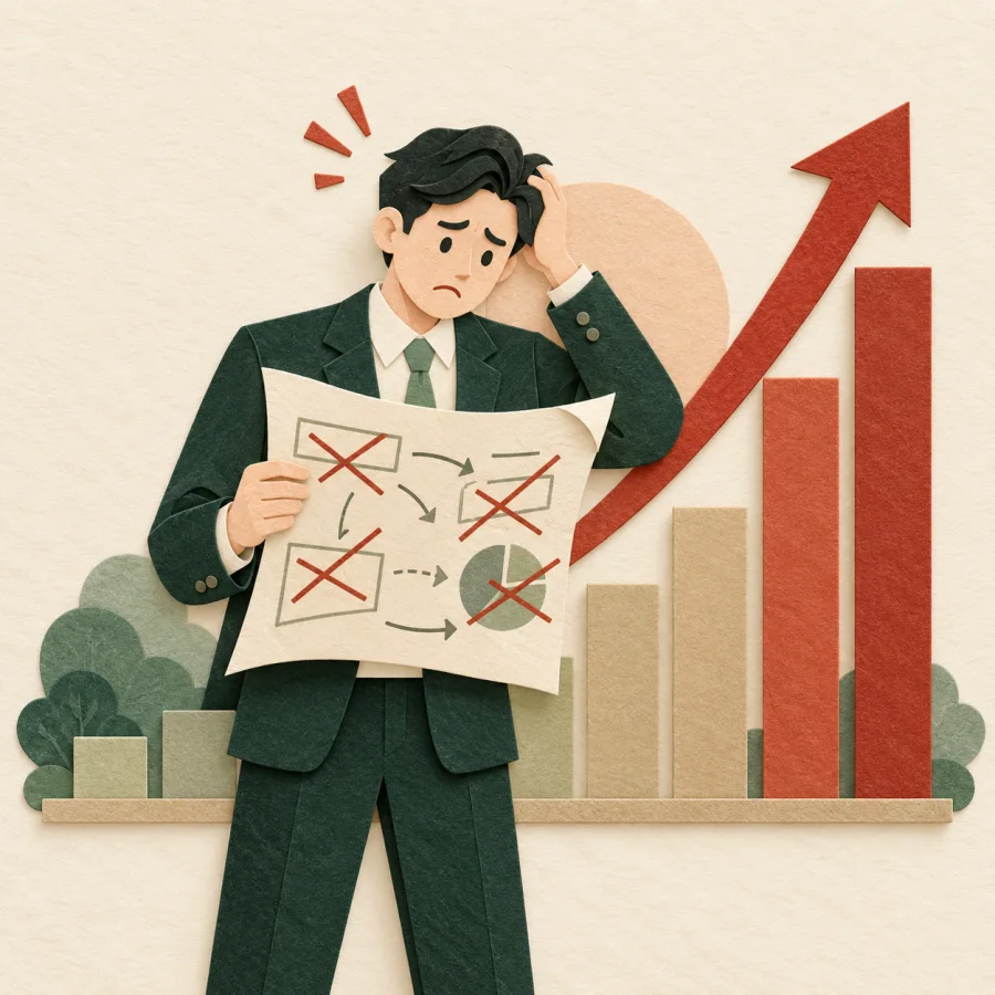 A man holds a revised plan as the bars of a chart shoot upward