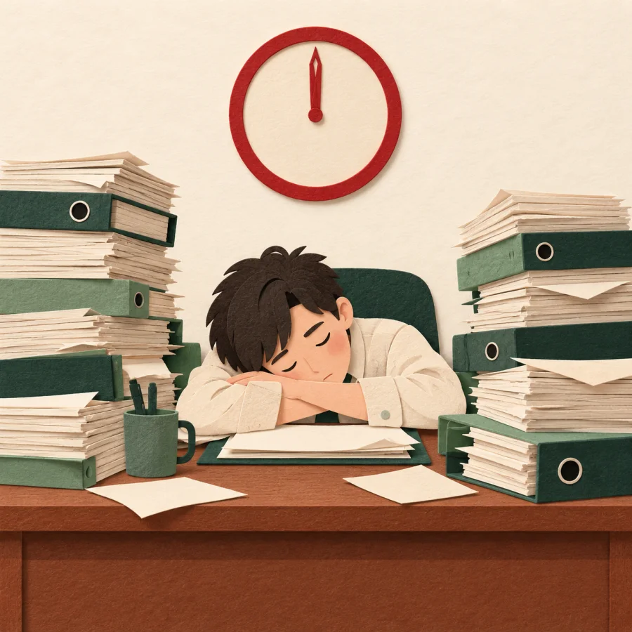 An exhausted person asleep on a desk buried under folders