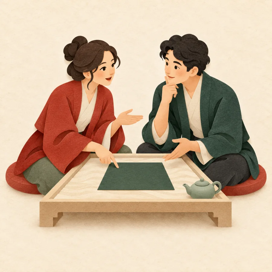 Two people lean over a document, discussing it animatedly