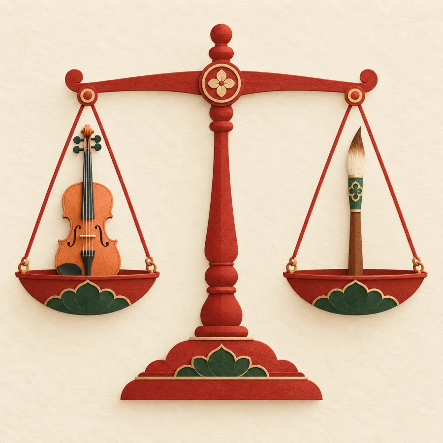 A balance scale holds a violin and a paintbrush in equilibrium