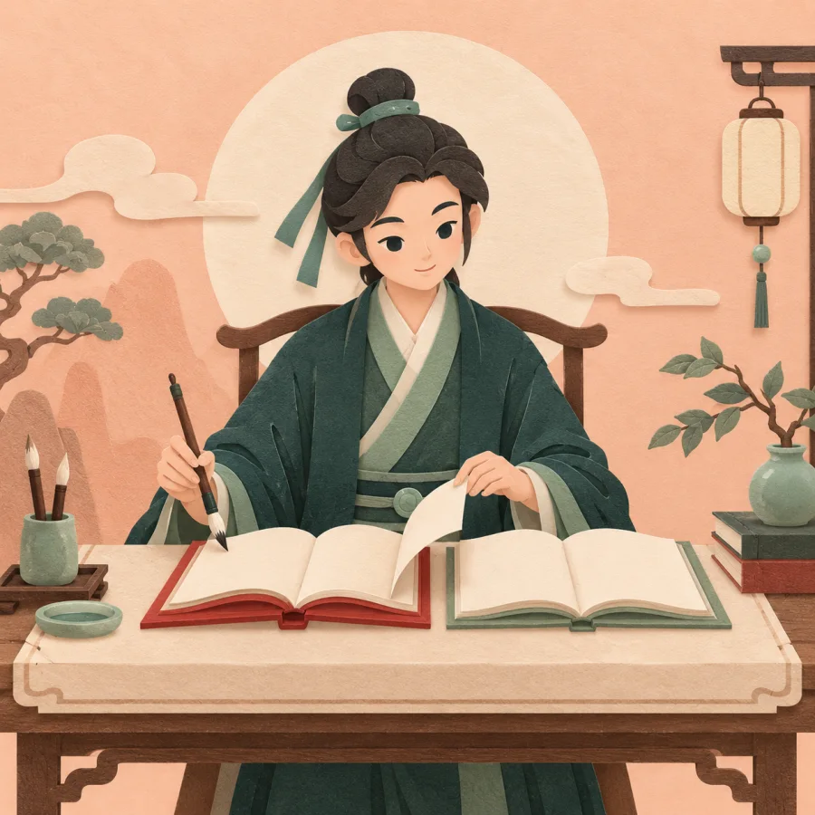 A scholar at a desk works between two open books