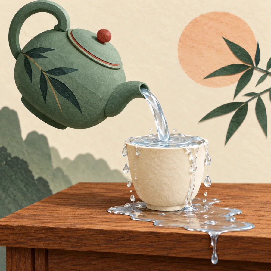 A kettle pours water into a cup that spills over