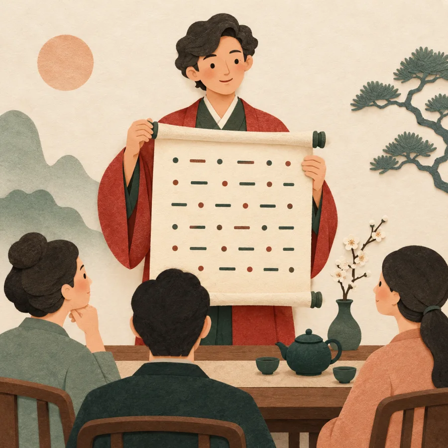 A person shows a long parchment schedule to colleagues