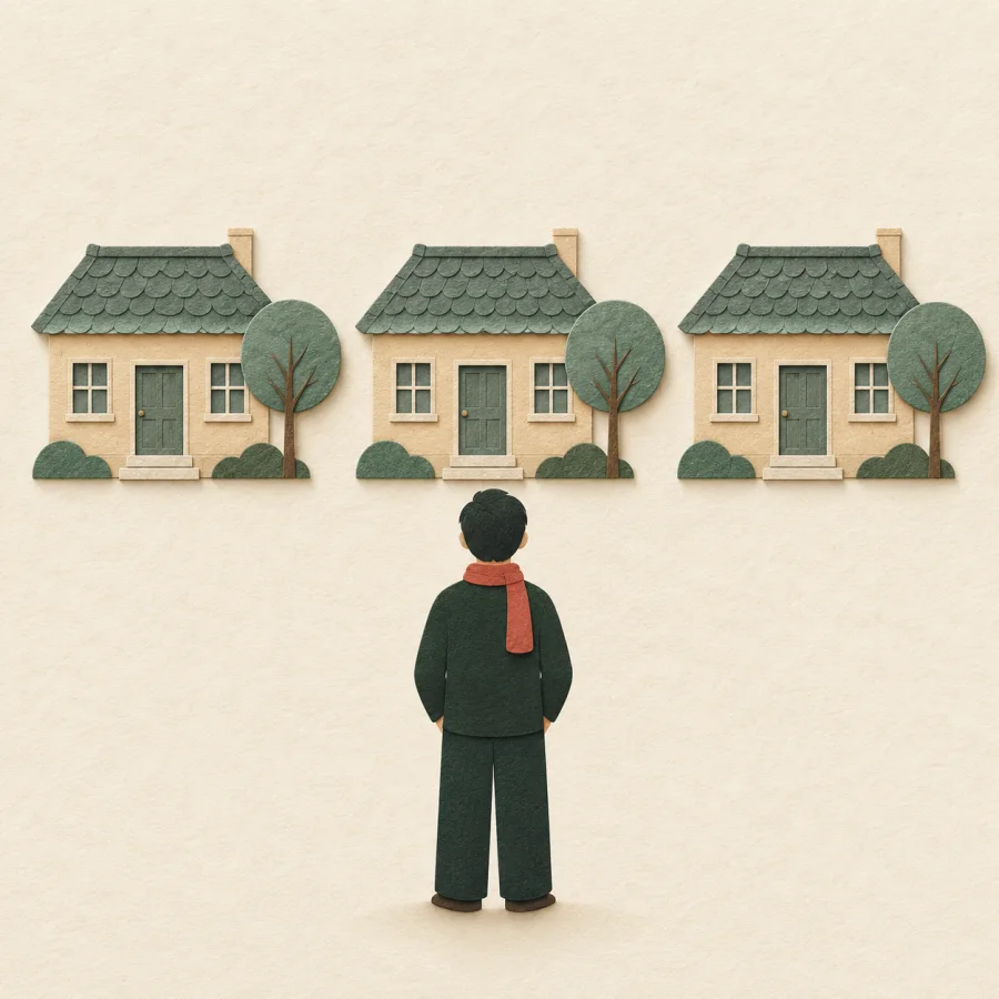 A person stands before three identical houses and trees