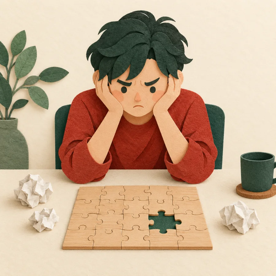 A person holds their head among crumpled paper balls