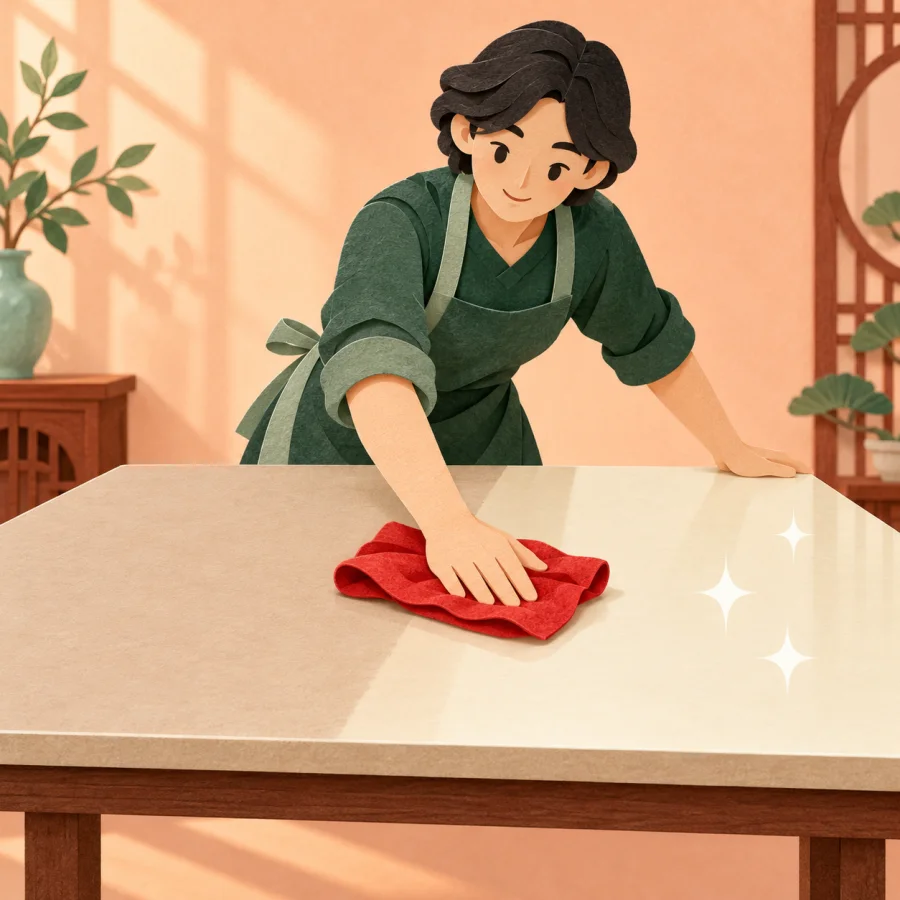 A person wipes a table completely clean with a red cloth