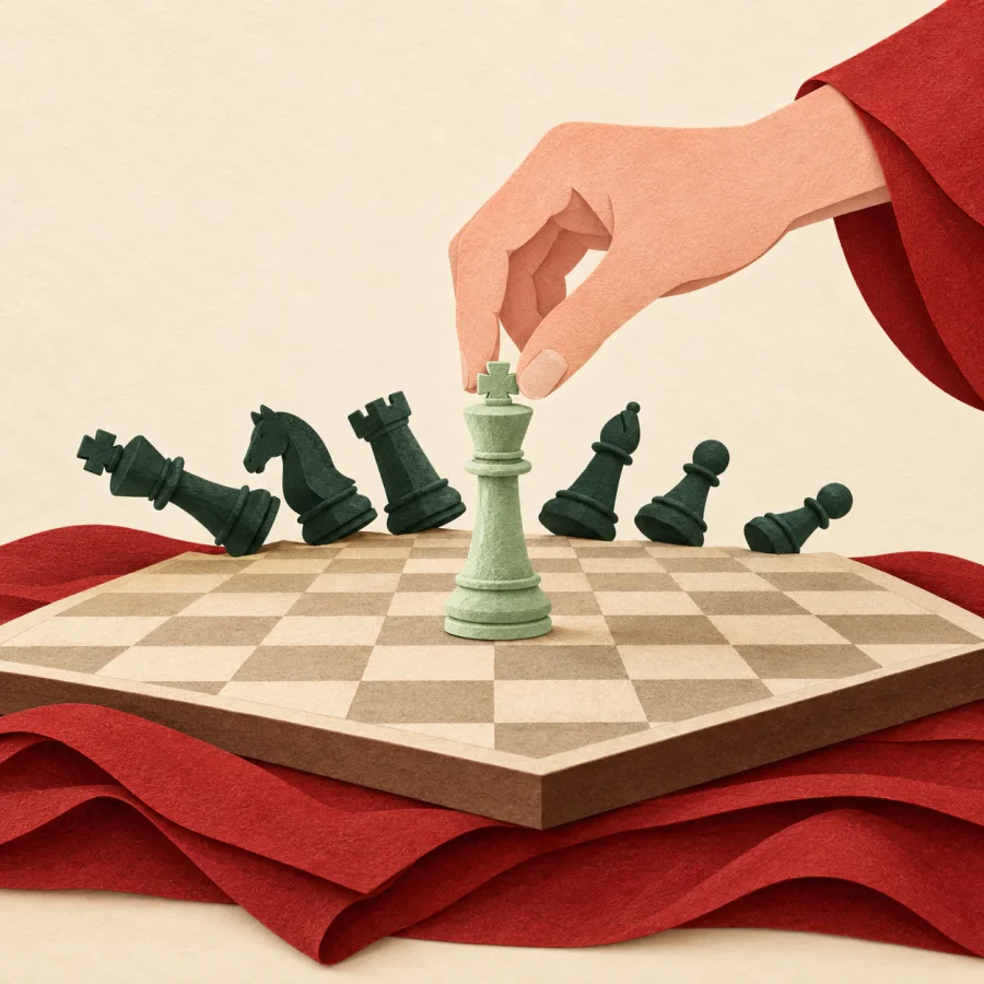 A hand moves the decisive chess piece on a board