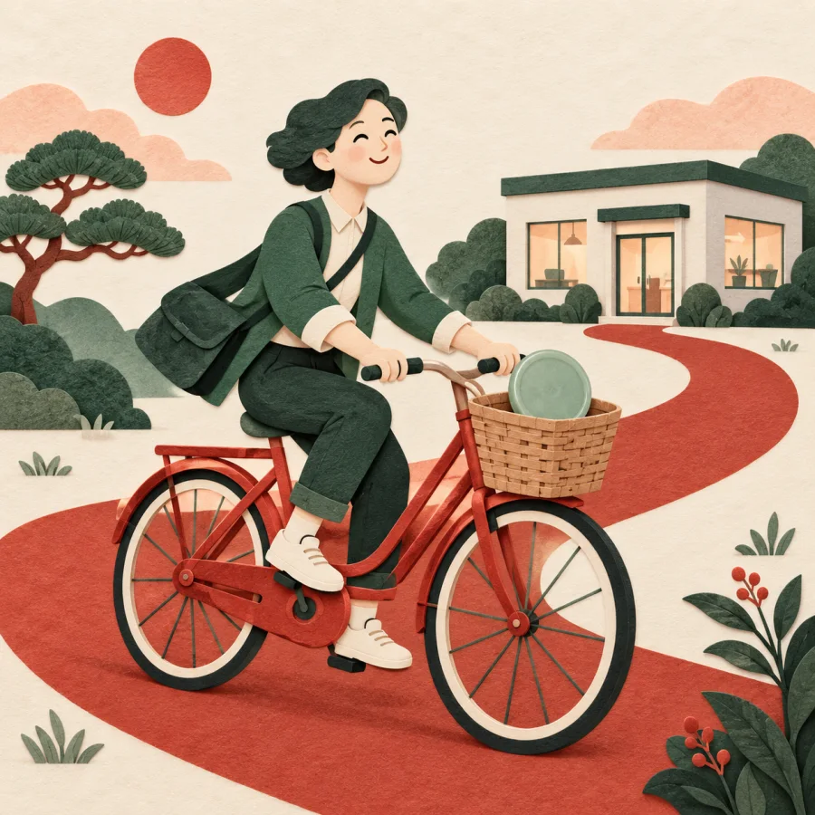 A person rides a bicycle to work along a street