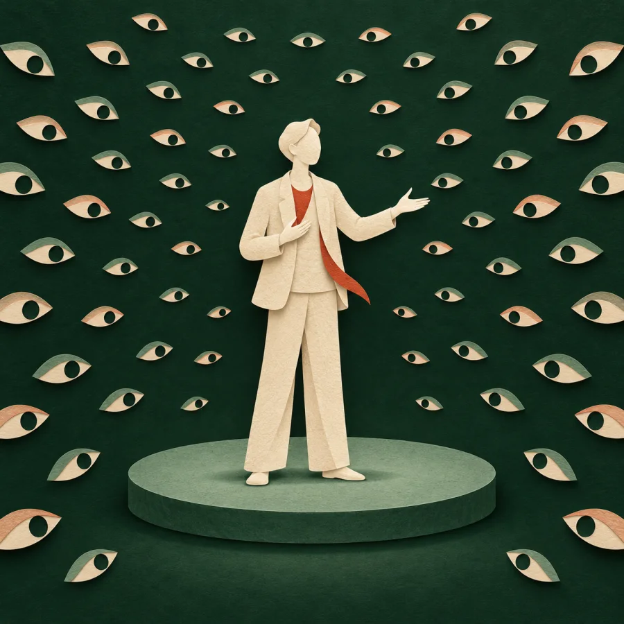 A speaker on stage surrounded by many watching eyes in the dark