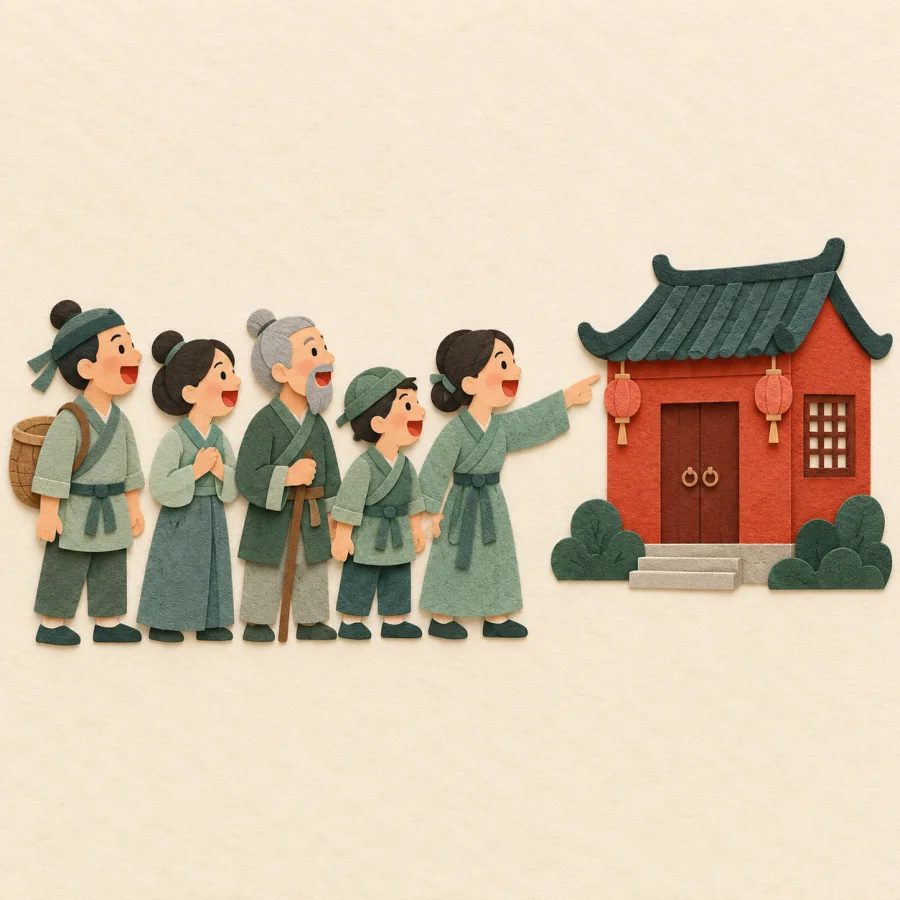 Villagers stand in a line, mouths open, pointing at one red house