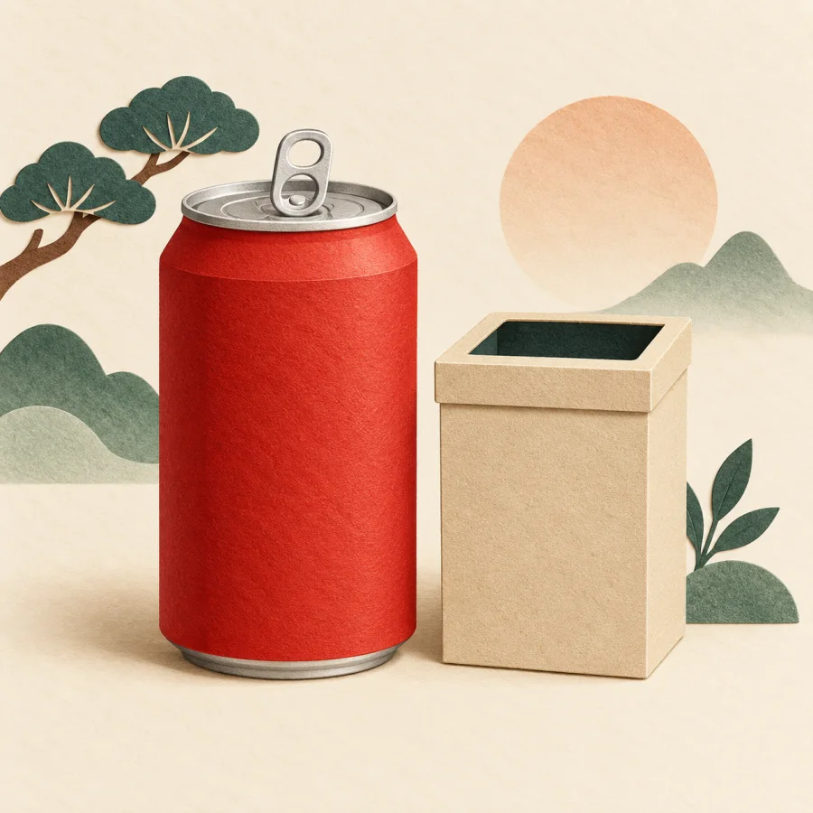 A drink can with a lifted pull tab next to a recycling bin