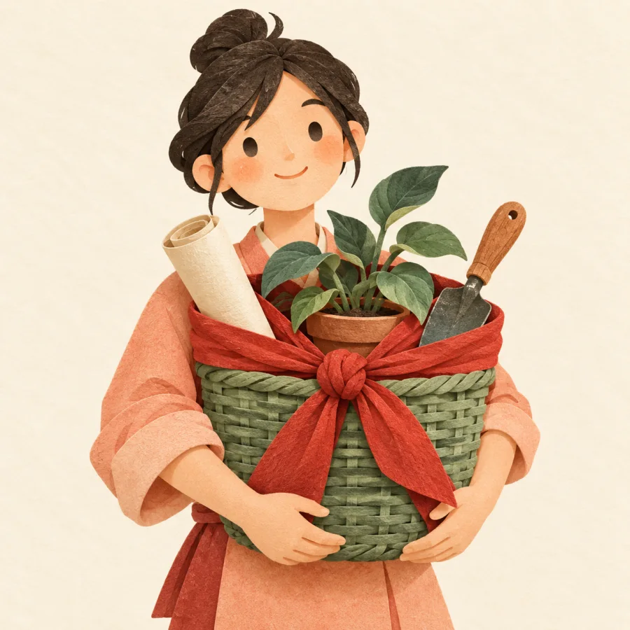 A person carries a big basket bundling many things wrapped in cloth