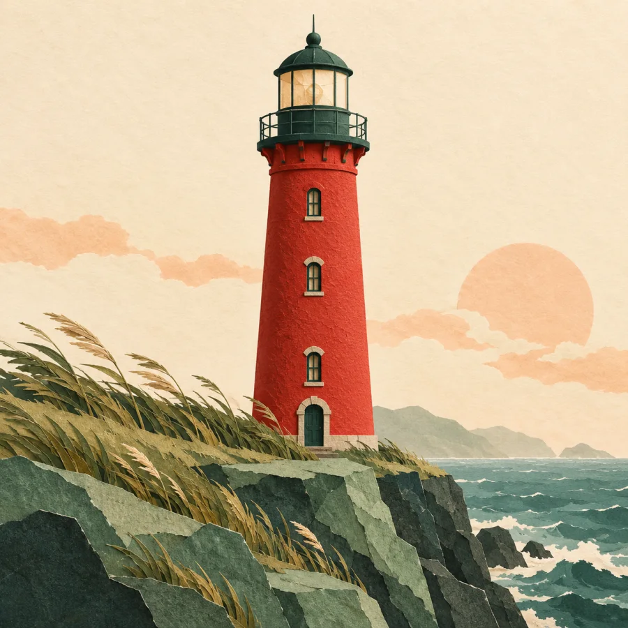 A lighthouse stands firm on a cliff, wind bends the grass below